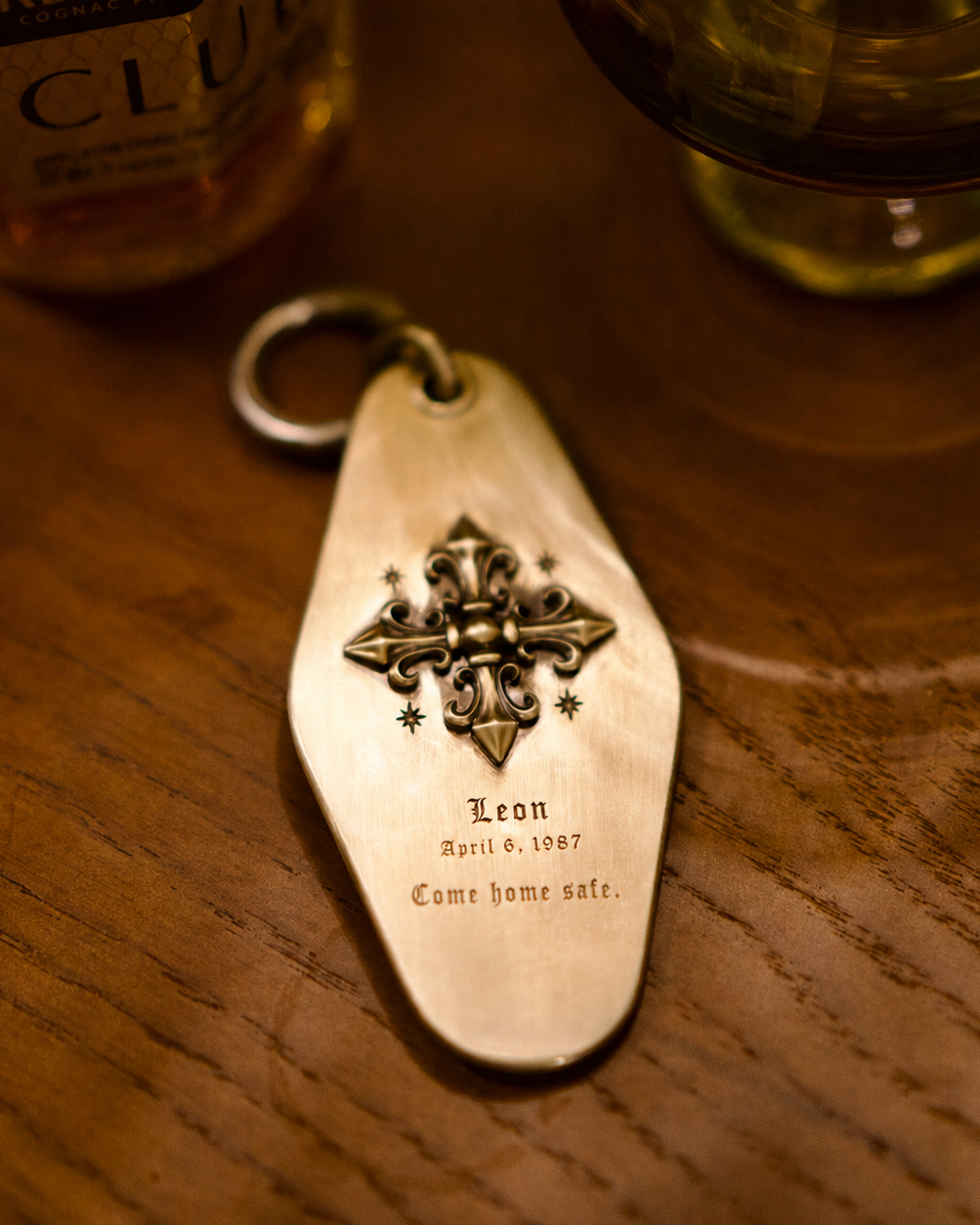 Gothic Fleur Cross Silver Keychain, lifestyle display