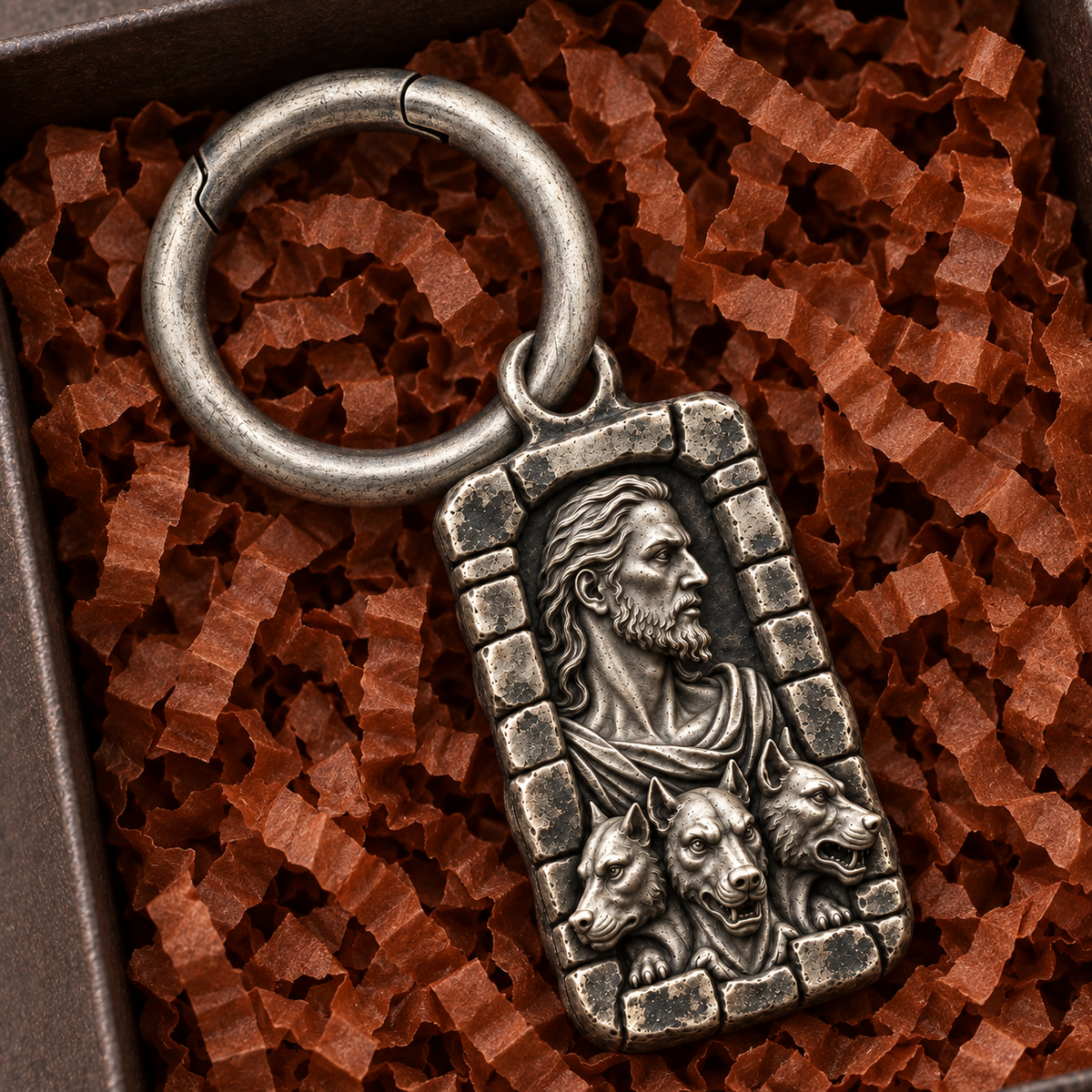 Silver spring-gate ring paired with Hades MYTHOS charm inside the charm gift box; charm sold separately