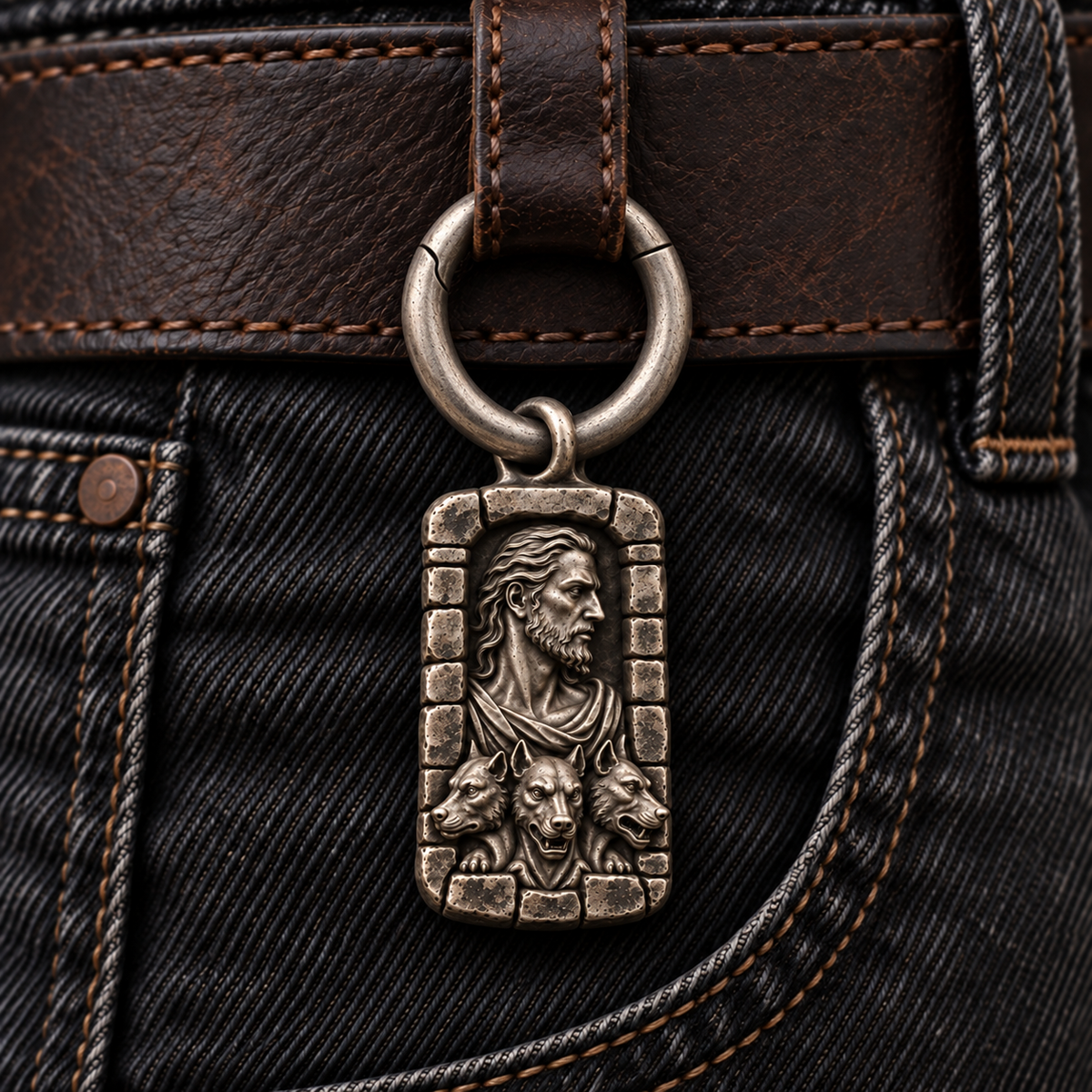 Silver spring-gate ring and Hades MYTHOS charm on a leather belt attachment over dark denim; charm and belt not included