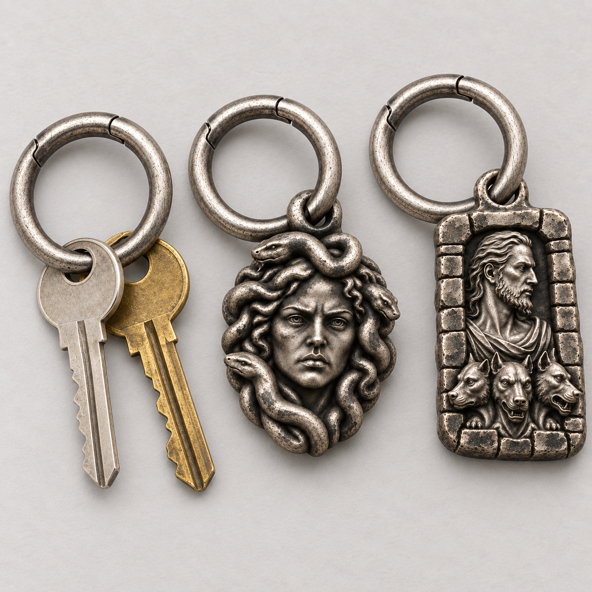 Silver spring-gate key rings styled with ordinary keys, Medusa and Hades MYTHOS charms; charms and keys sold separately