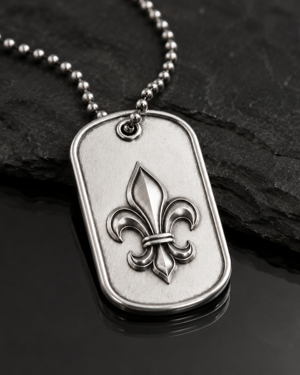Ignis Flower-de-Luce 925 Silver I.D. Tag, front view beside a car key