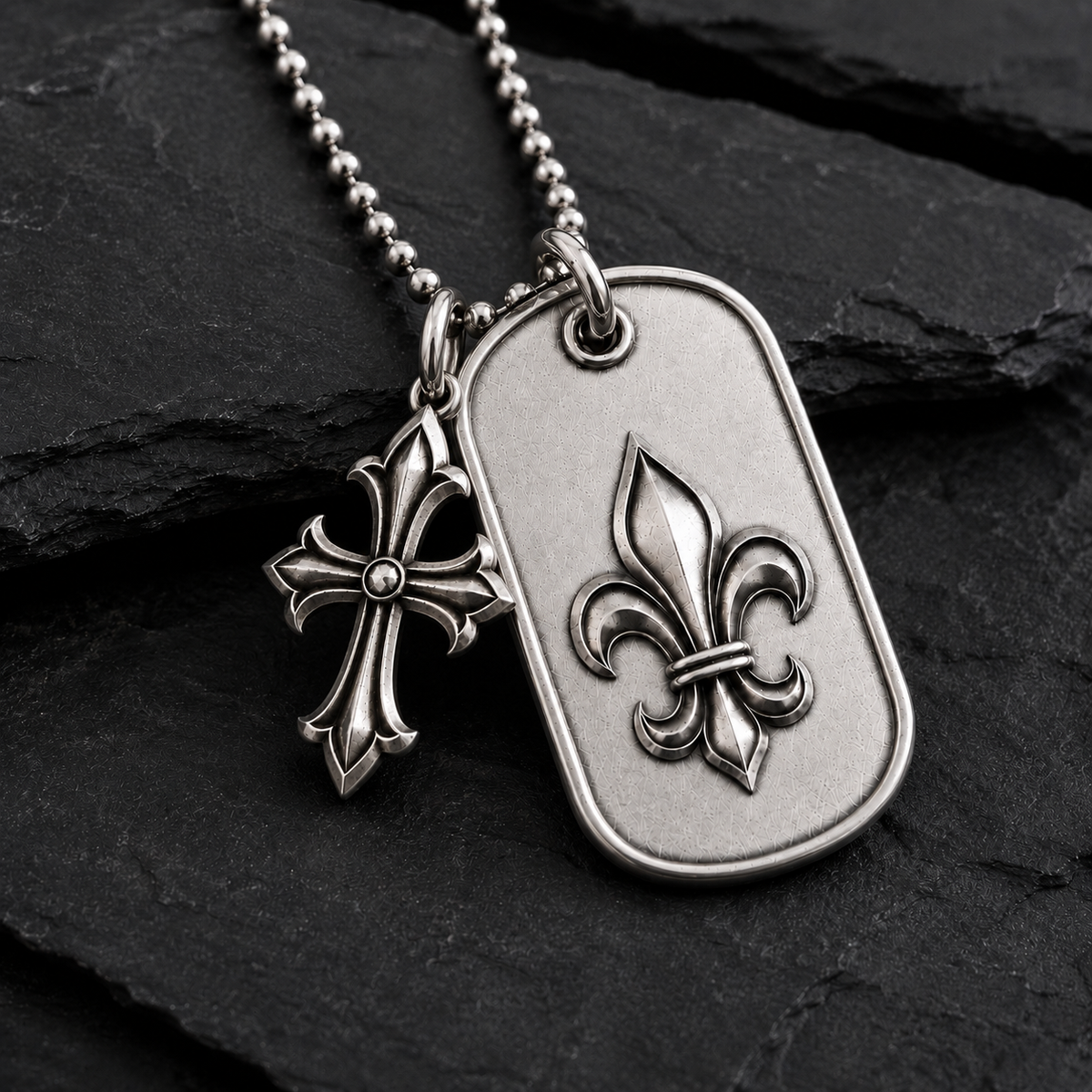 Ignis Flower-de-Luce 925 Silver I.D. Tag, lifestyle display