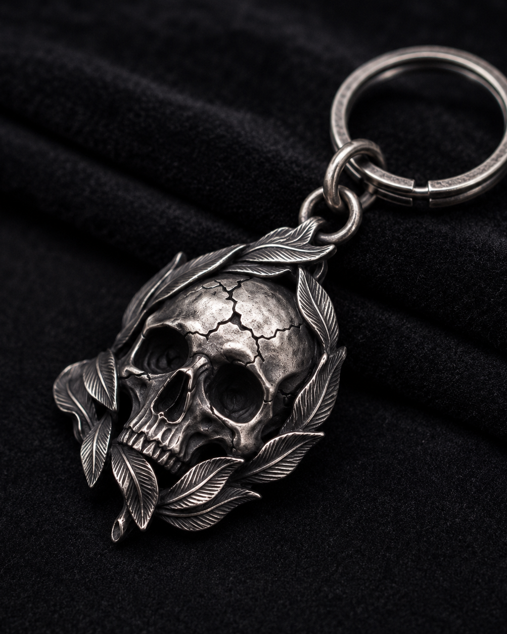 Memento Mori Skull & Feather Pendant, alternate front view