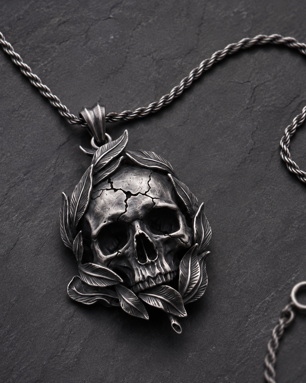Memento Mori Skull & Feather Pendant, close-up detail