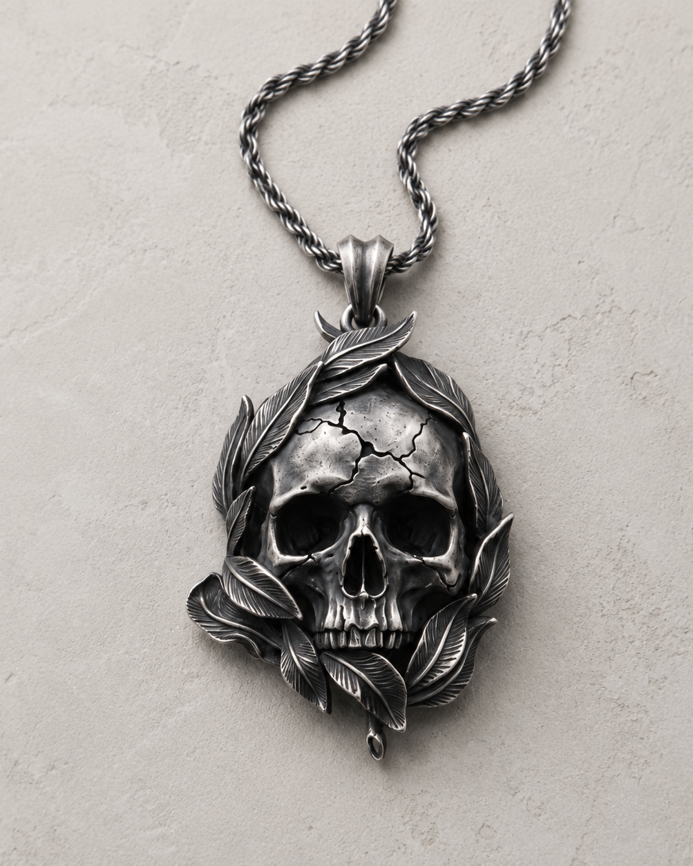 Memento Mori Skull & Feather Pendant, side profile