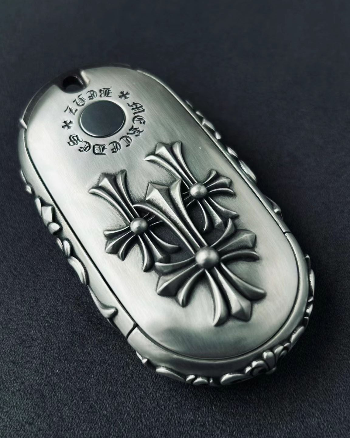 Handcrafted silver car key case, back view