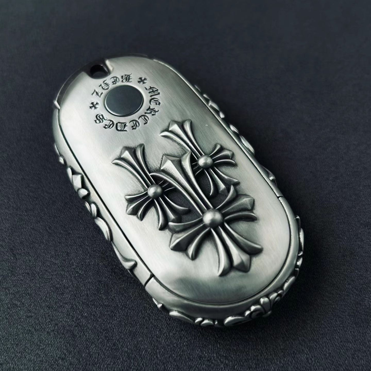 Handcrafted silver car key case, back view