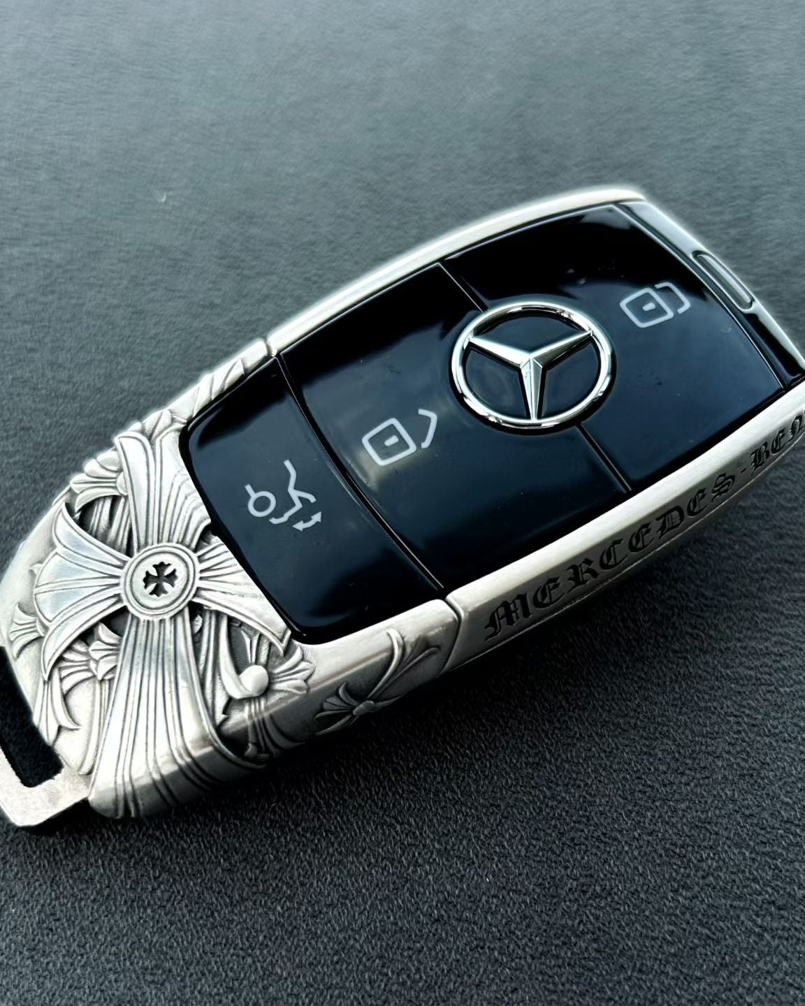 Handcrafted silver car key case, back view