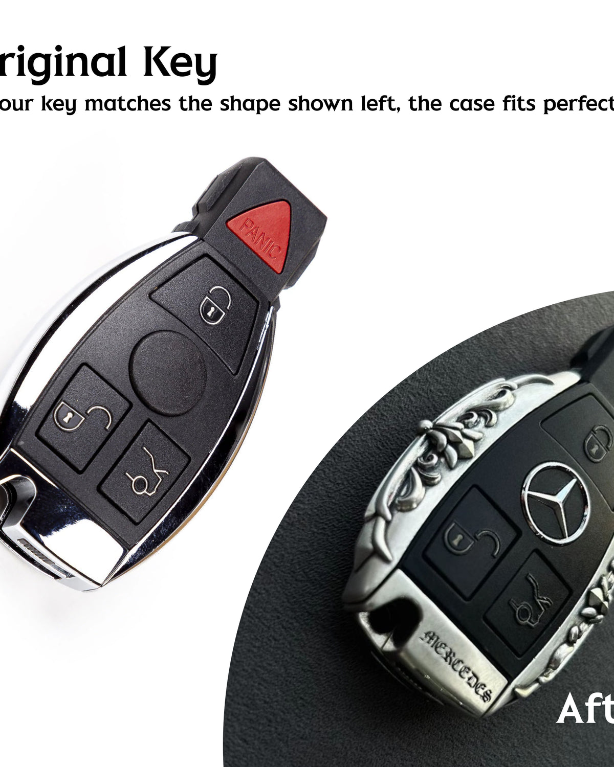 Handcrafted silver car key case, original key and finished case comparison