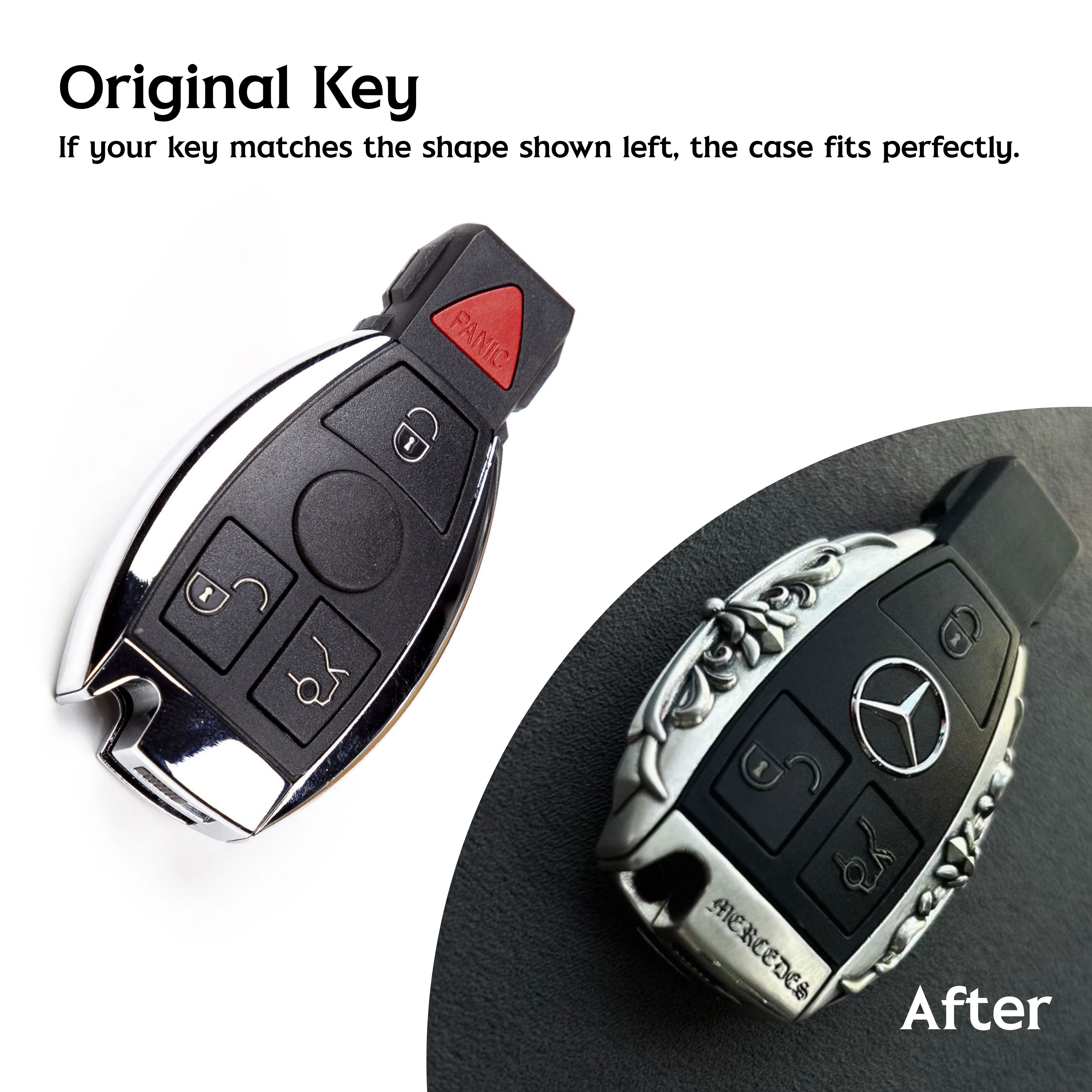Mercedes key transformation before and after adding handcrafted silver case protection showing dramatic aesthetic upgrade and perfect fit for classic oval shape