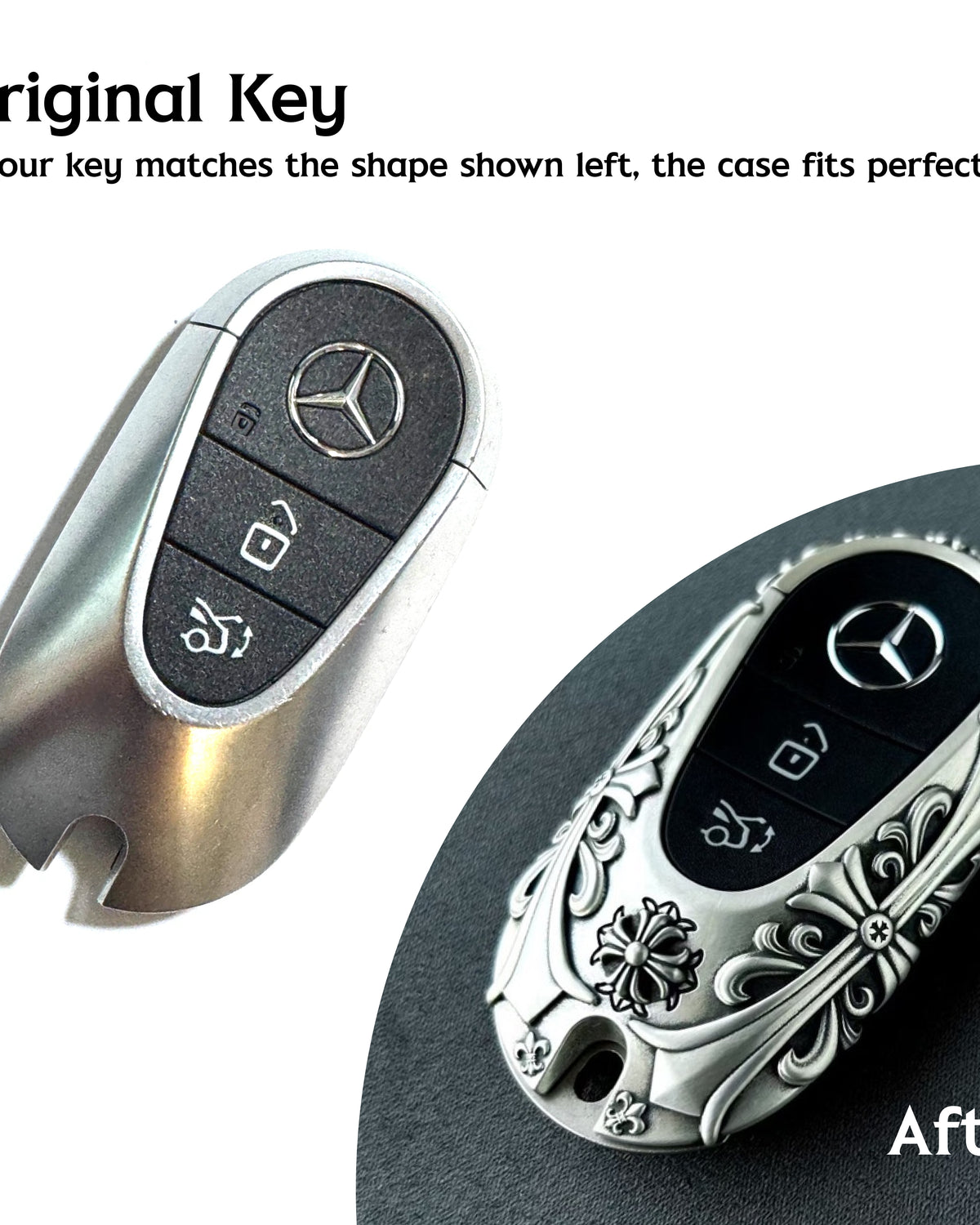 Mercedes key transformation before and after adding handcrafted silver case protection showing perfect fit and refined finish