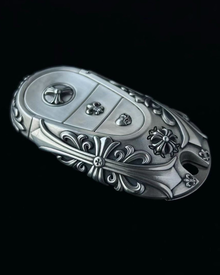 Mercedes Rounded Capsule Button-Covered Key Case, back three-quarter view