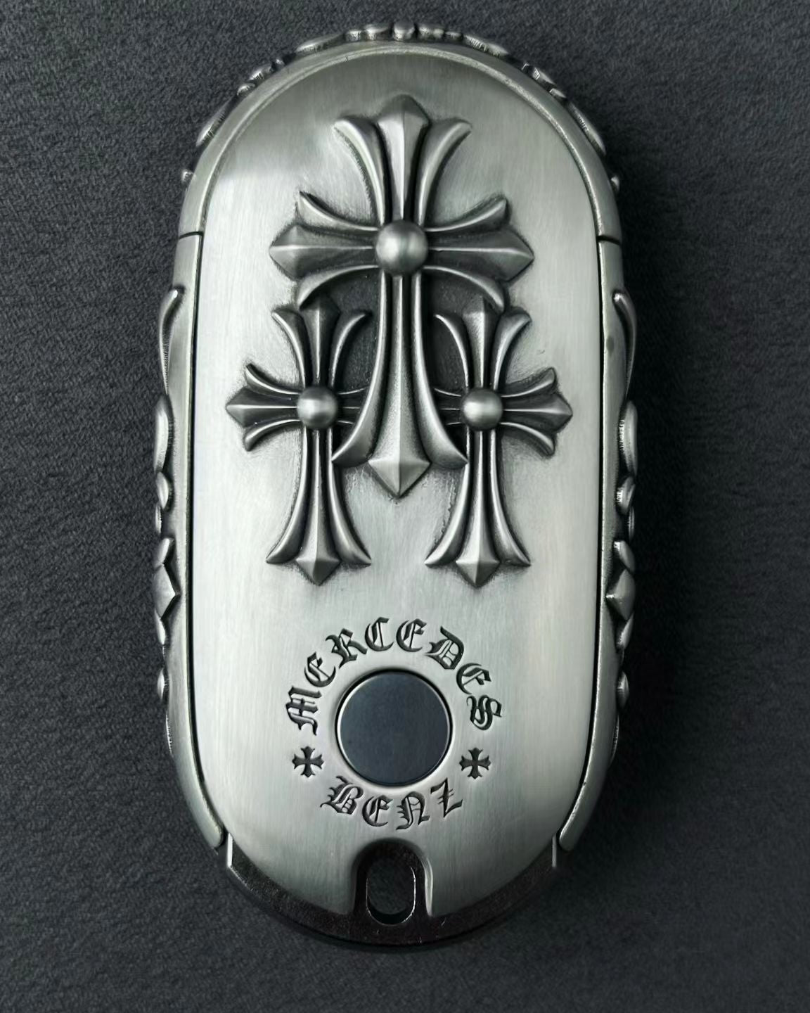 Mercedes Rounded Capsule Button-Covered Key Case, front engraving detail