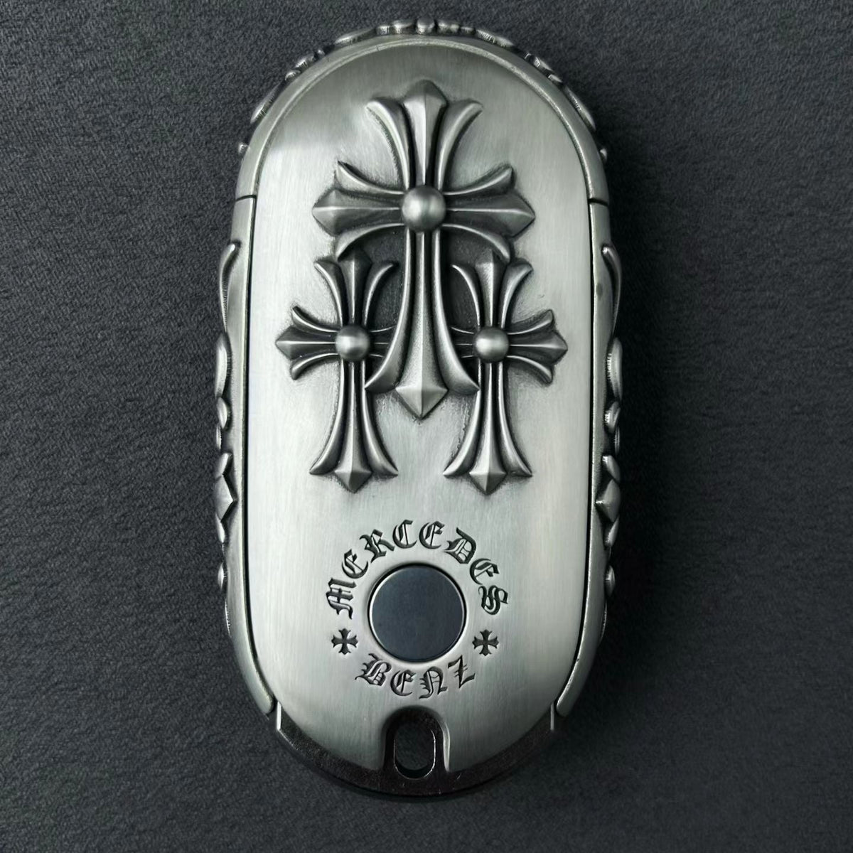 Mercedes Rounded Capsule Button-Covered Key Case, front engraving detail