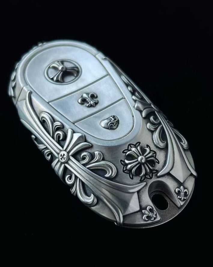Mercedes Rounded Capsule Button-Covered Key Case, front three-quarter view
