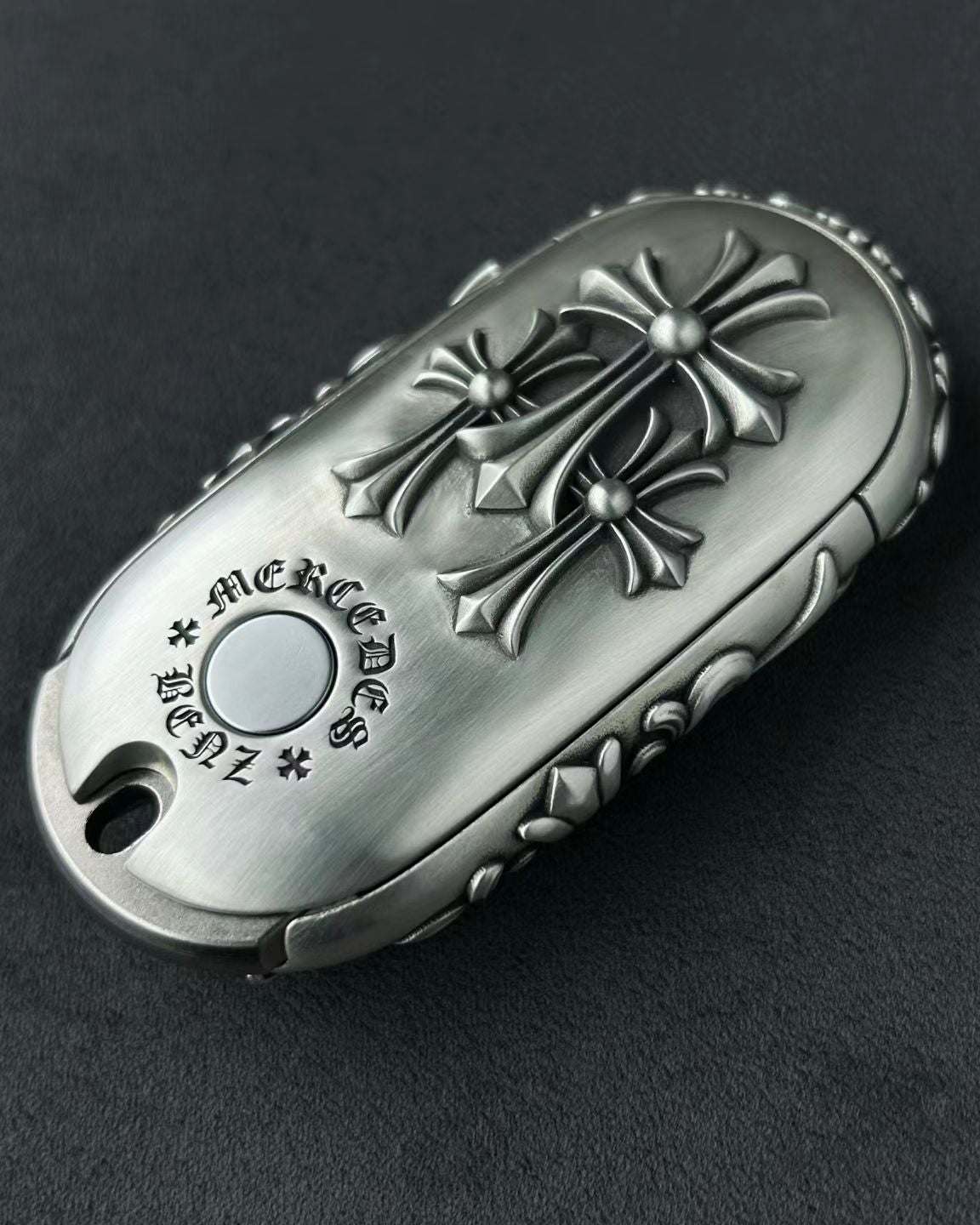 Mercedes Rounded Capsule Silver Key Case, front engraving detail