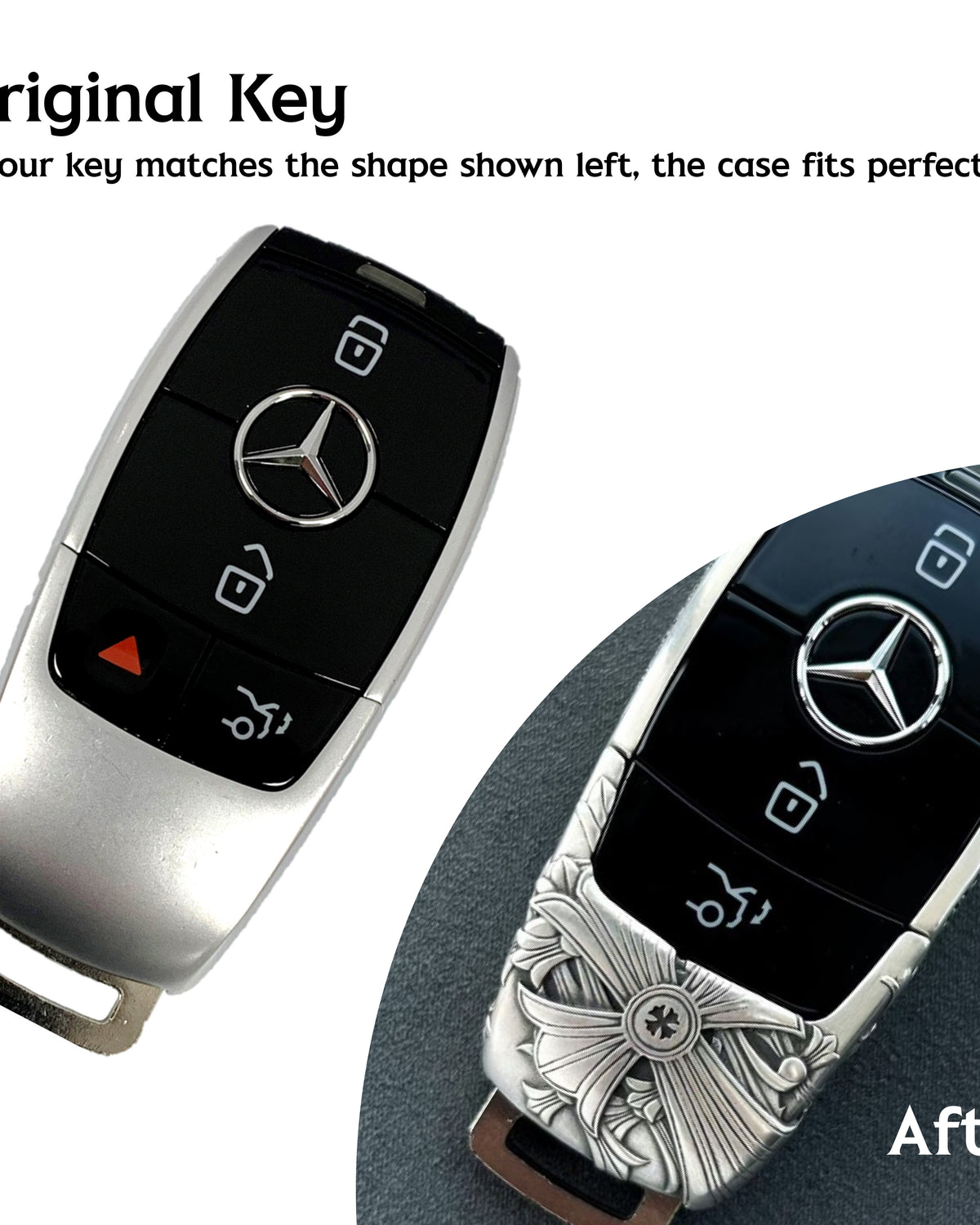 Handcrafted silver car key case, original key and finished case comparison