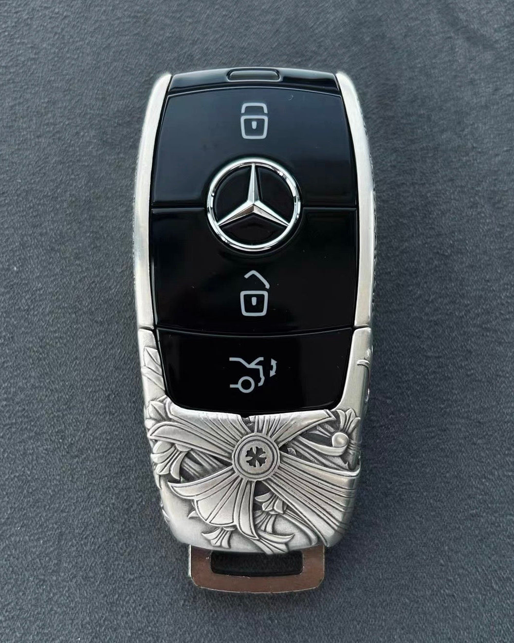 Handcrafted silver car key case, lifestyle display