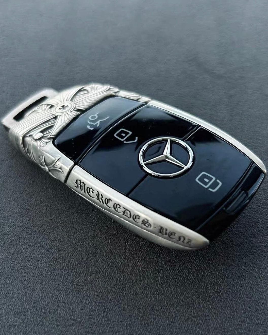Mercedes Slim Rectangle Silver Key Case, engraved edge detail