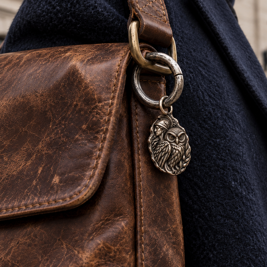 Athena MYTHOS charm — everyday bag or belt carrying; optional ring shown; design visualization