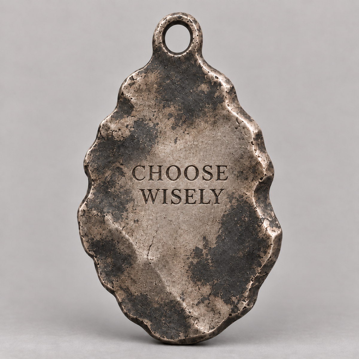 Athena charm, personalized back engraving example: CHOOSE WISELY