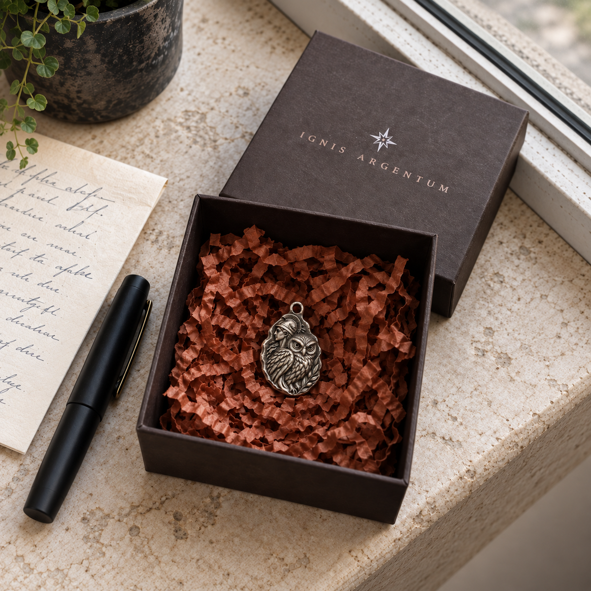 Athena MYTHOS charm — IGNIS ARGENTUM gift box styling; design visualization