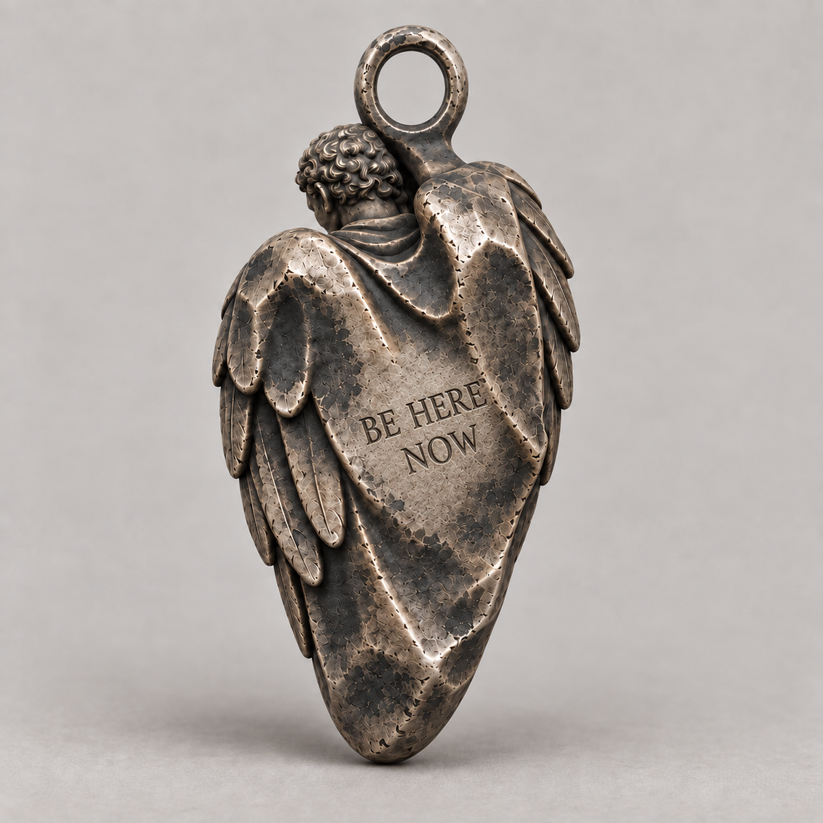Thanatos charm, personalized back engraving example: BE HERE NOW