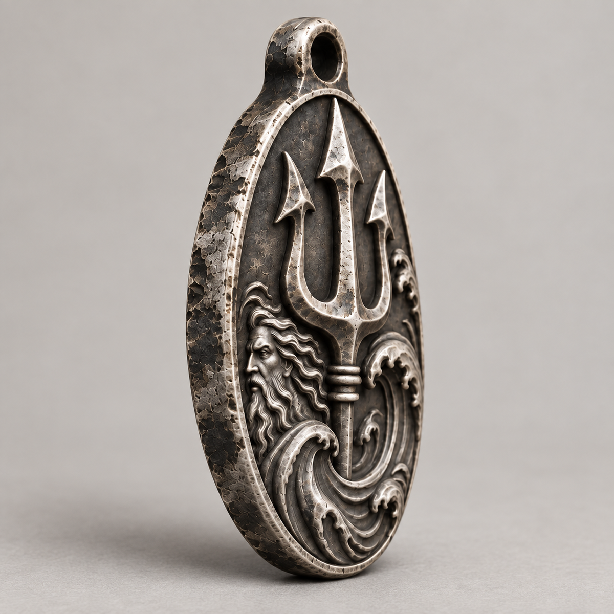 Poseidon keychain charm design preview, oblique view