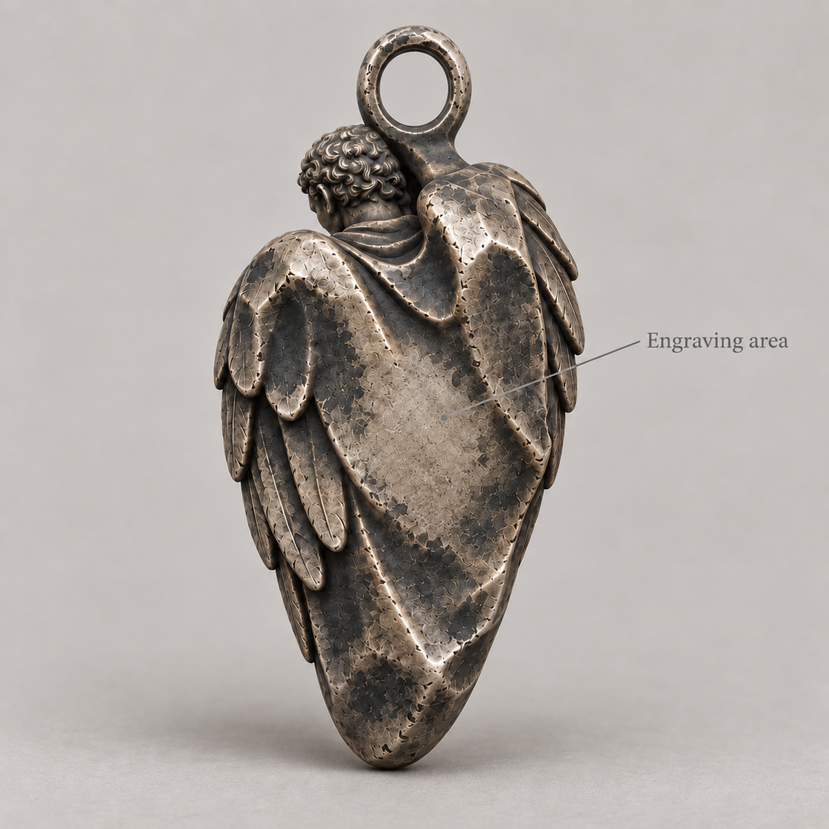 Thanatos keychain charm design preview, back view, showing the rear texture and engraving area