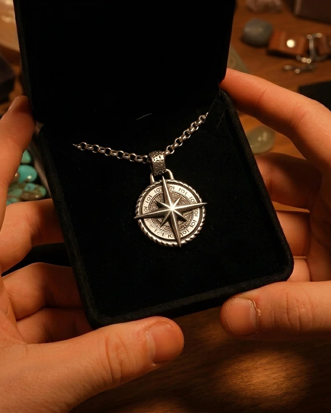 Nautical Compass 925 Silver Pendant, alternate front view