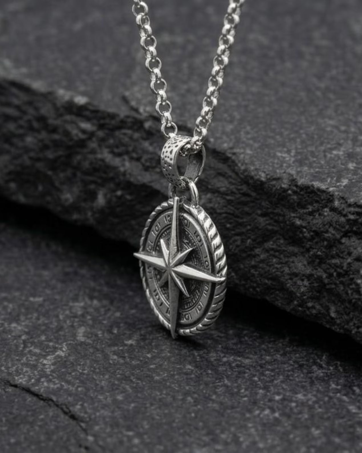 Nautical Compass 925 Silver Pendant, engraved front detail