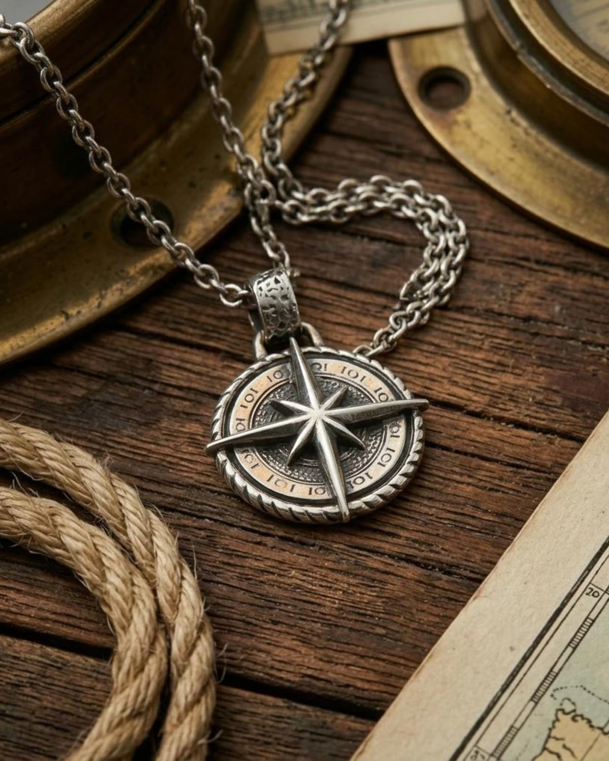 Nautical Compass 925 Silver Pendant, lifestyle display