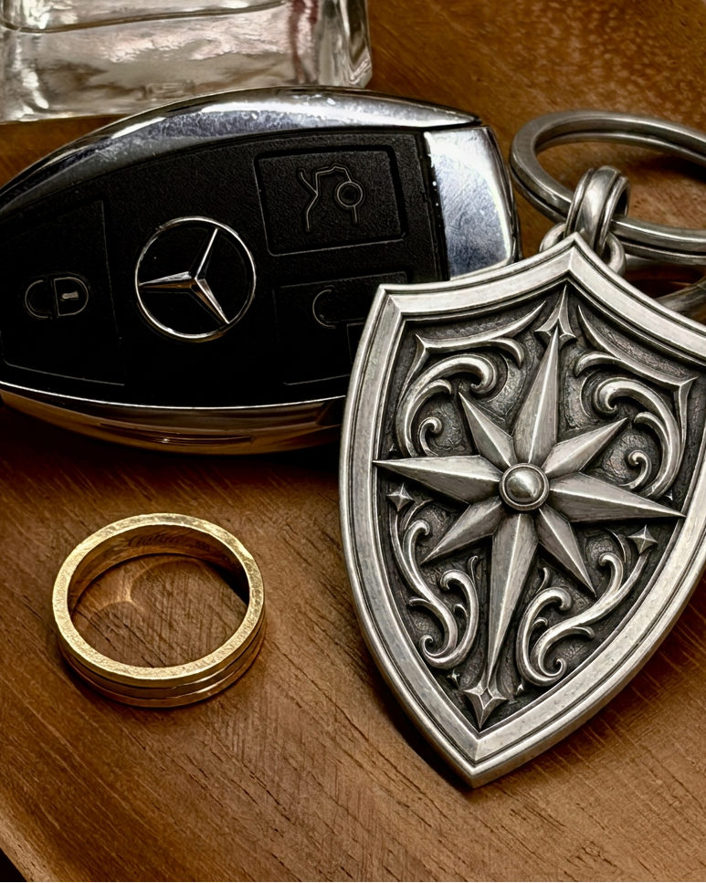 North Star Shield Silver Keychain, engraved front detail