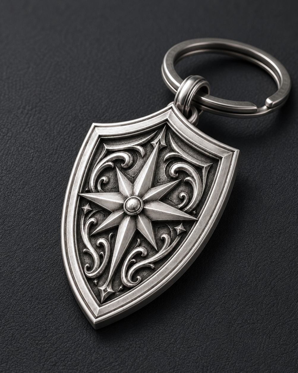 North Star Shield Silver Keychain, front product view