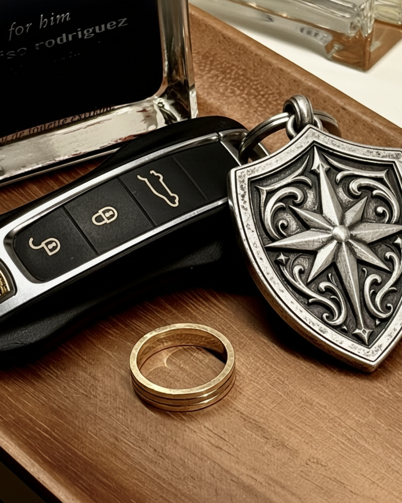 North Star Shield Silver Keychain, front view beside a car key
