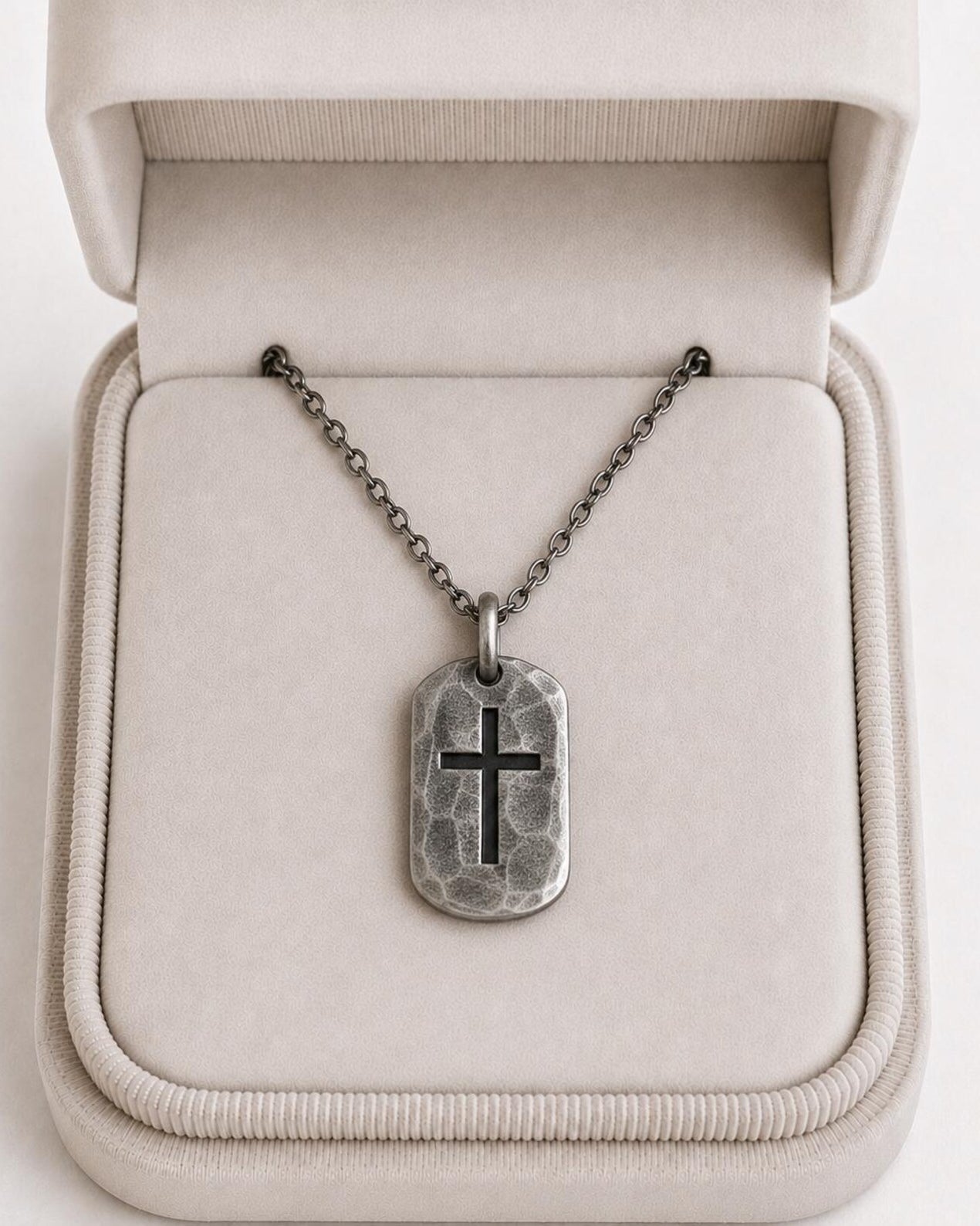Personalized 925 Silver Dog Tag Cross Pendant, engraved front detail