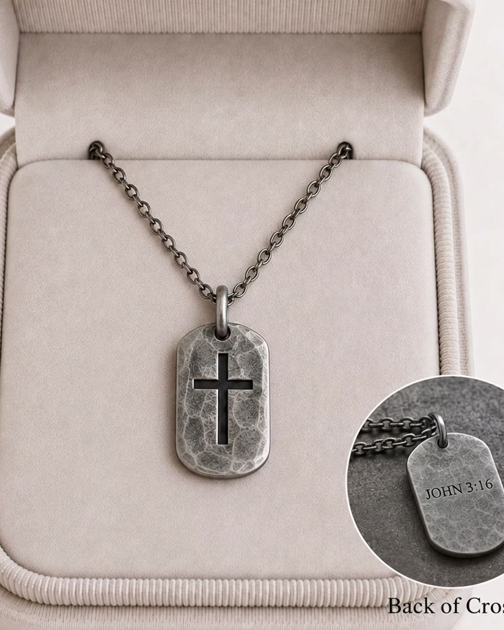 Personalized 925 Silver Dog Tag Cross Pendant, front view beside a car key