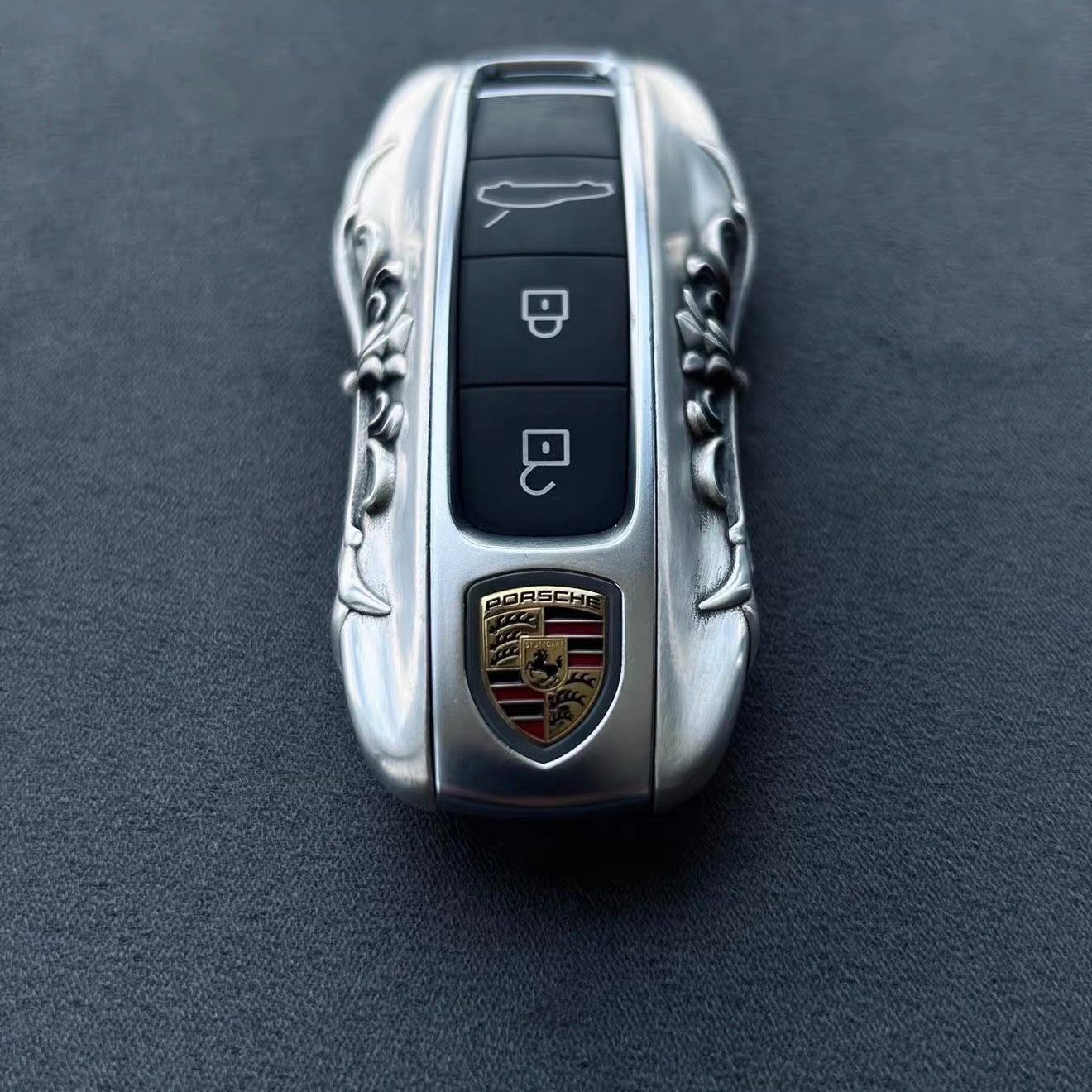 Before After Comparison - Original Plastic Porsche Key vs IGNIS ARGENTUM Sterling Silver Key Case Transformation Refined Weight Considered Details