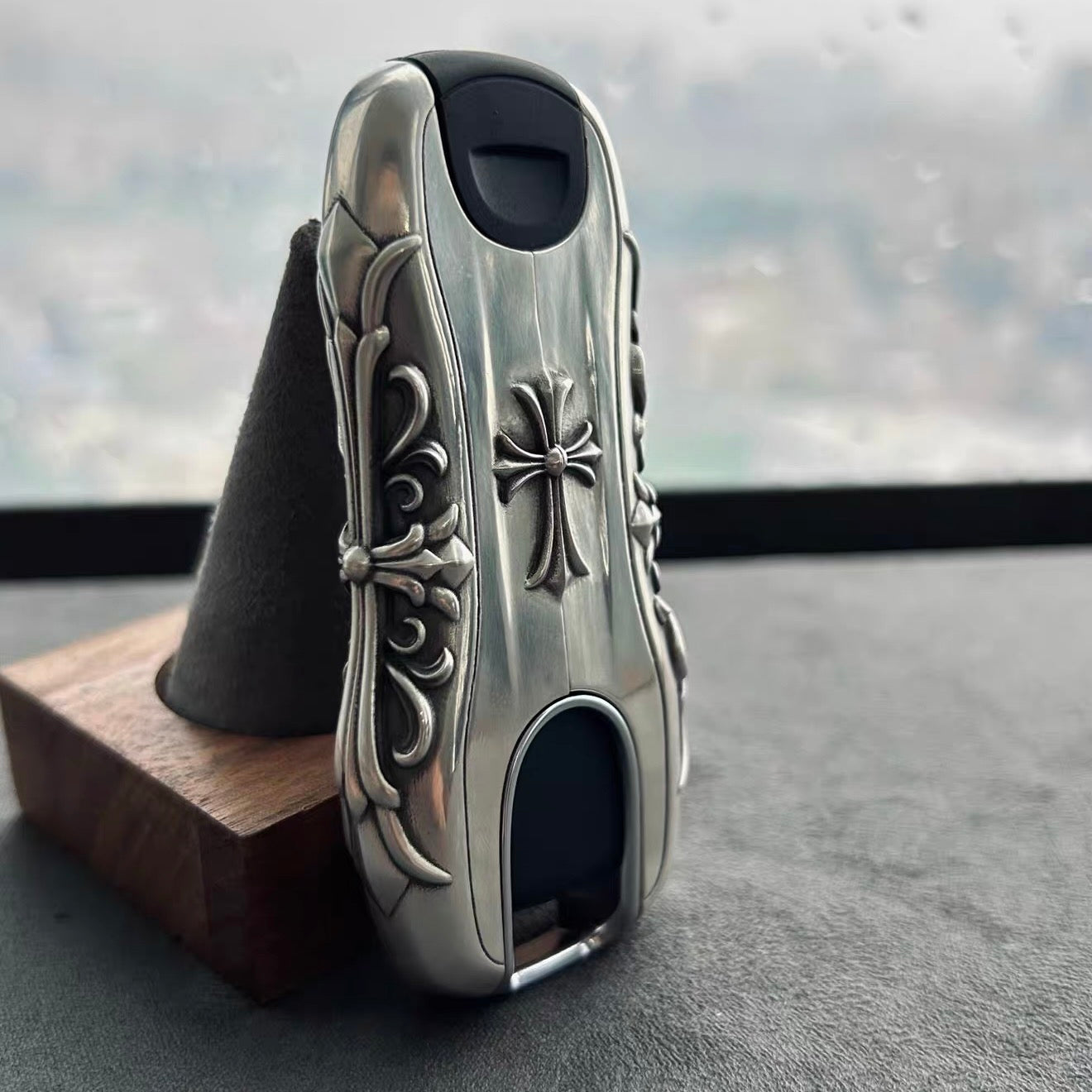 Porsche Crest Emblem Preserved on Sterling Silver Key Case - Authentic Shield Logo Inset with Hand-Finished Surfaces, Substantial Weight and Refined Patina