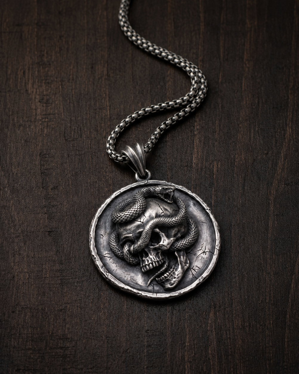 Serpent Skull Medallion Pendant, worn on a chain