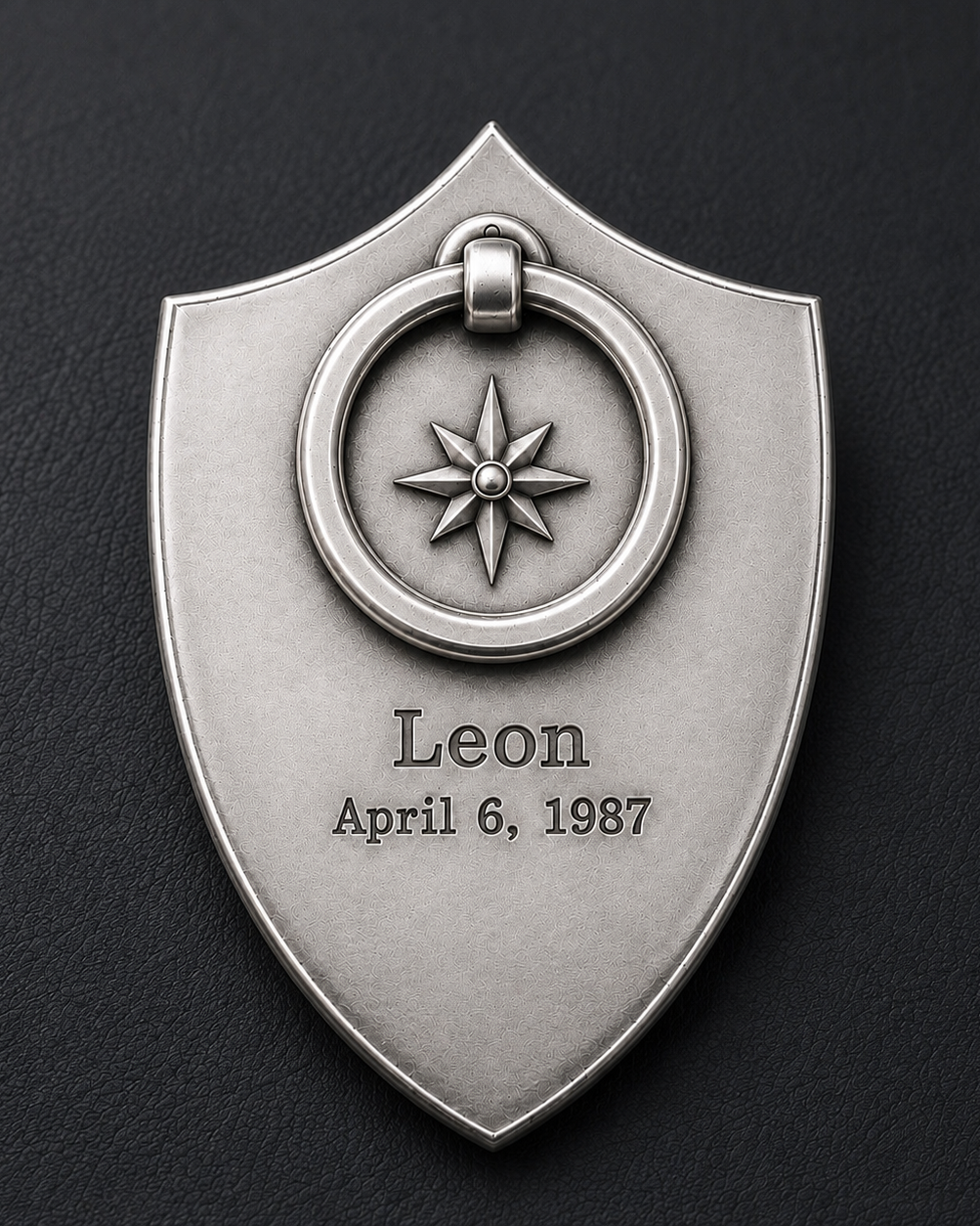 Shield keychain back with custom name and date engraving