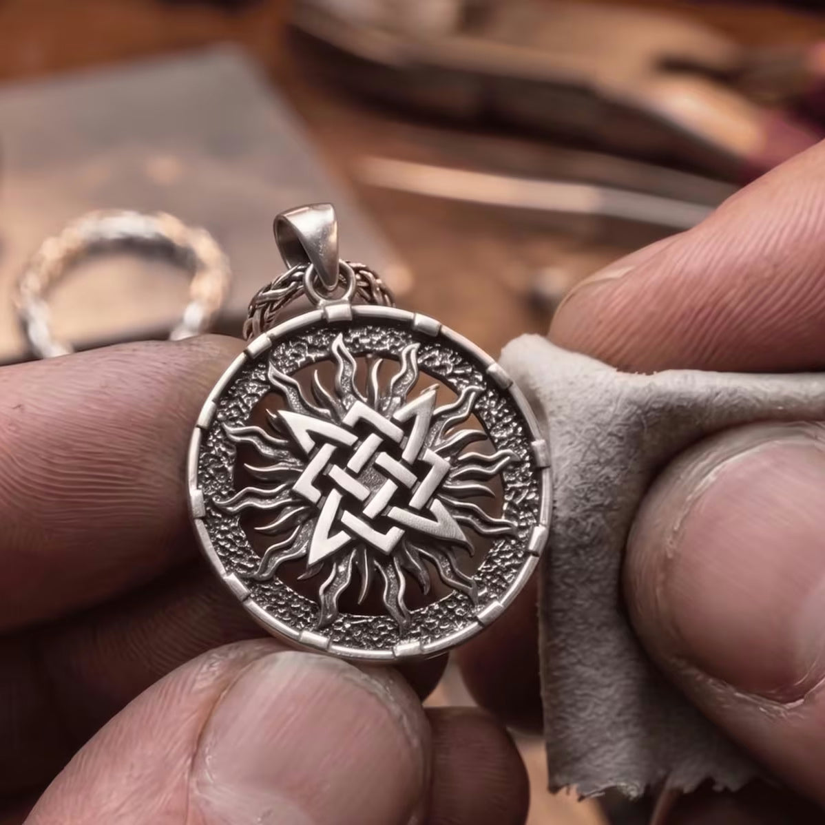 Slavic Sun Wheel 925 Silver Pendant, held for scale