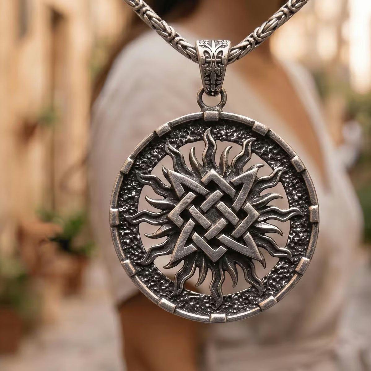 Slavic Sun Wheel 925 Silver Pendant, worn on a chain