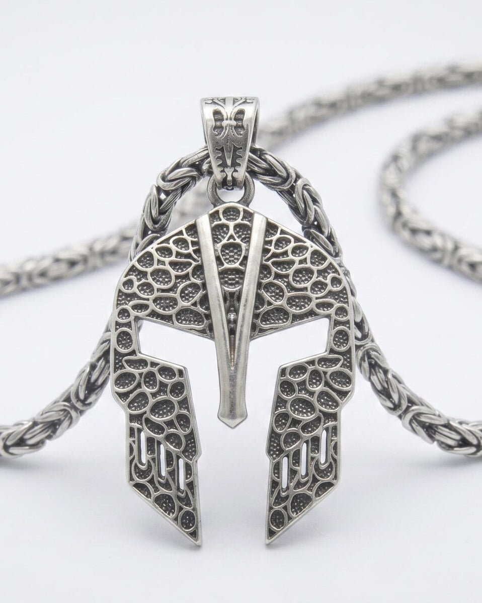 Spartan Helmet 925 Silver Pendant, close-up detail