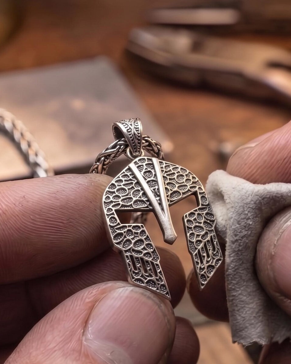 Spartan Helmet 925 Silver Pendant, held for scale