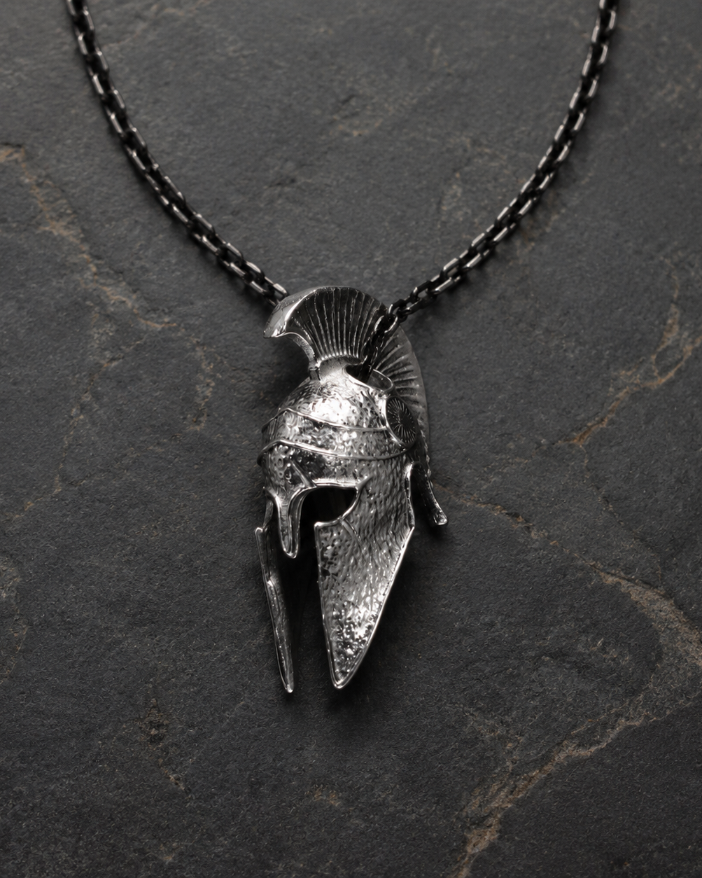 Spartan Helmet Talisman Pendant, worn on a chain
