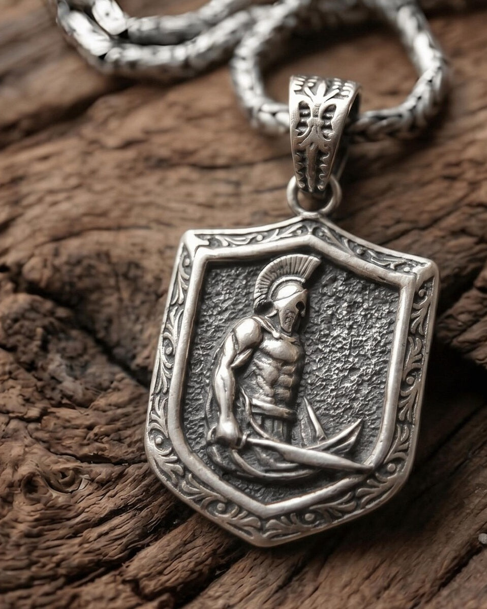 Spartan Shield & Sword Pendant, worn on a chain