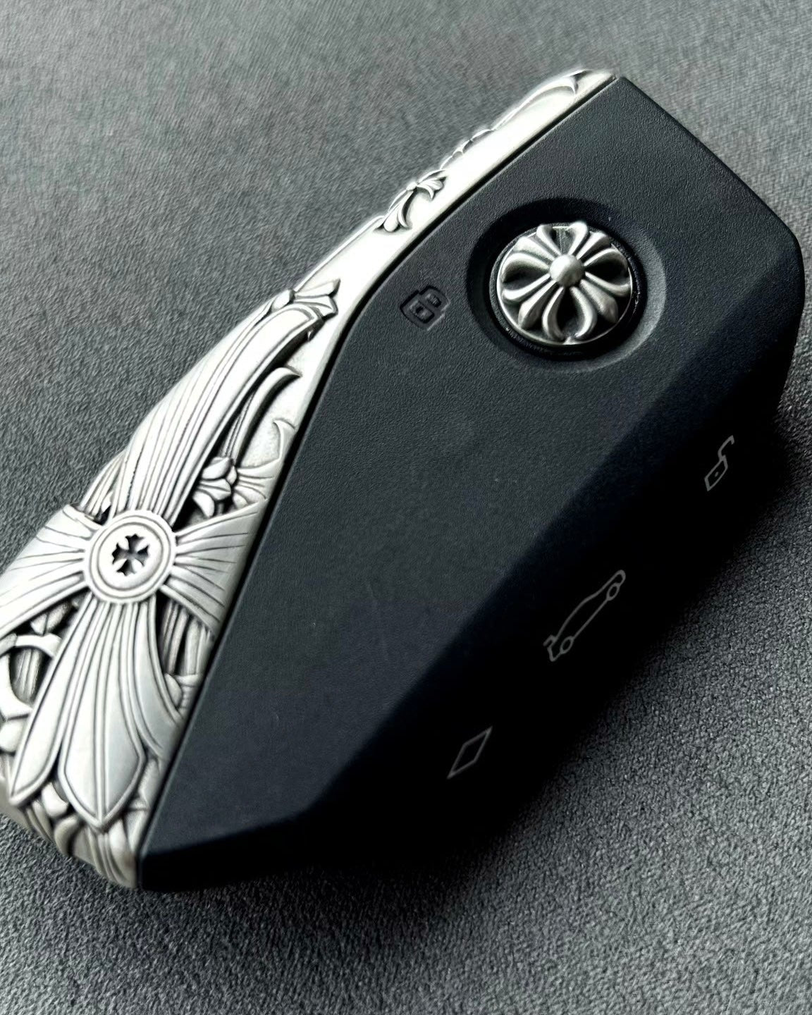 Sterling Silver BMW Key Case with faceted blade motif and floral scrollwork engraving