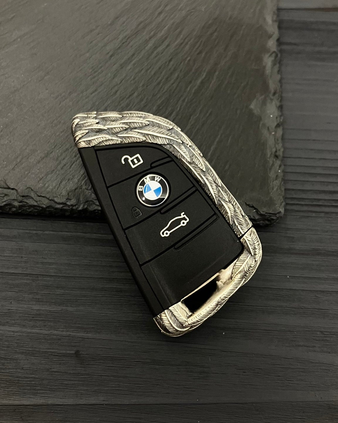Sterling Silver BMW key case with feather texture engraving and original BMW emblem preserved