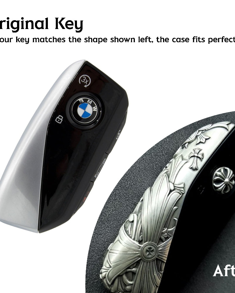 Top angle view of precision-crafted BMW key case with oxidized accent details
